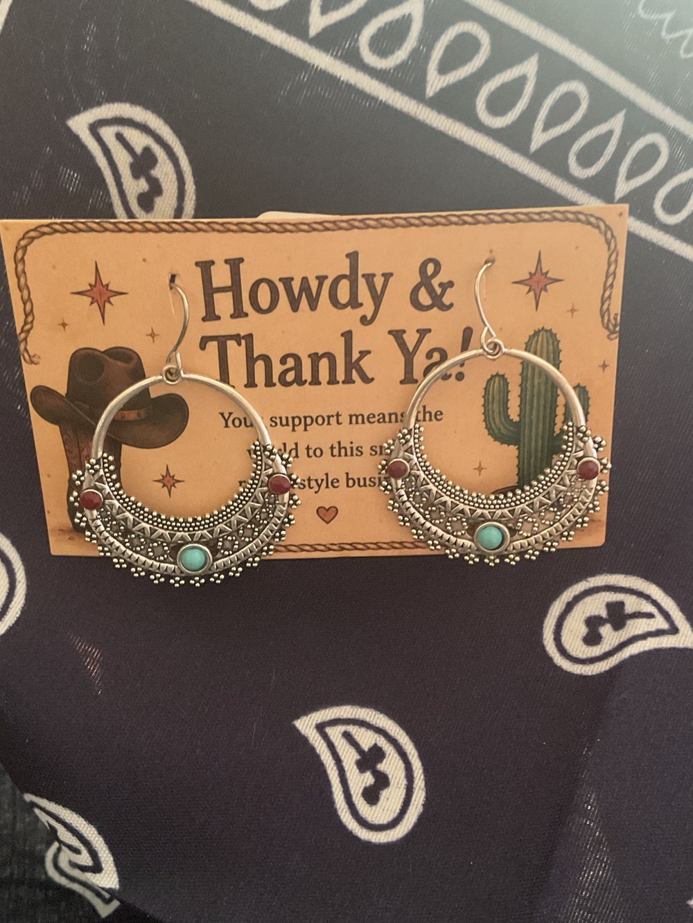 Boho Silver-Tone Hoop Earrings with Turquoise & Red Accents